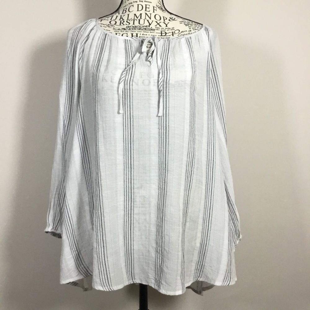Gauzy white and grey vertically striped long sleeve tie front top sz L beachy